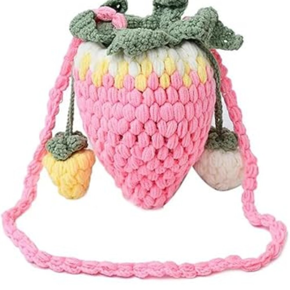 Handmade Knitted Purse Wool Woven Purse Strawberry Shaped Shoulder Bag for Women